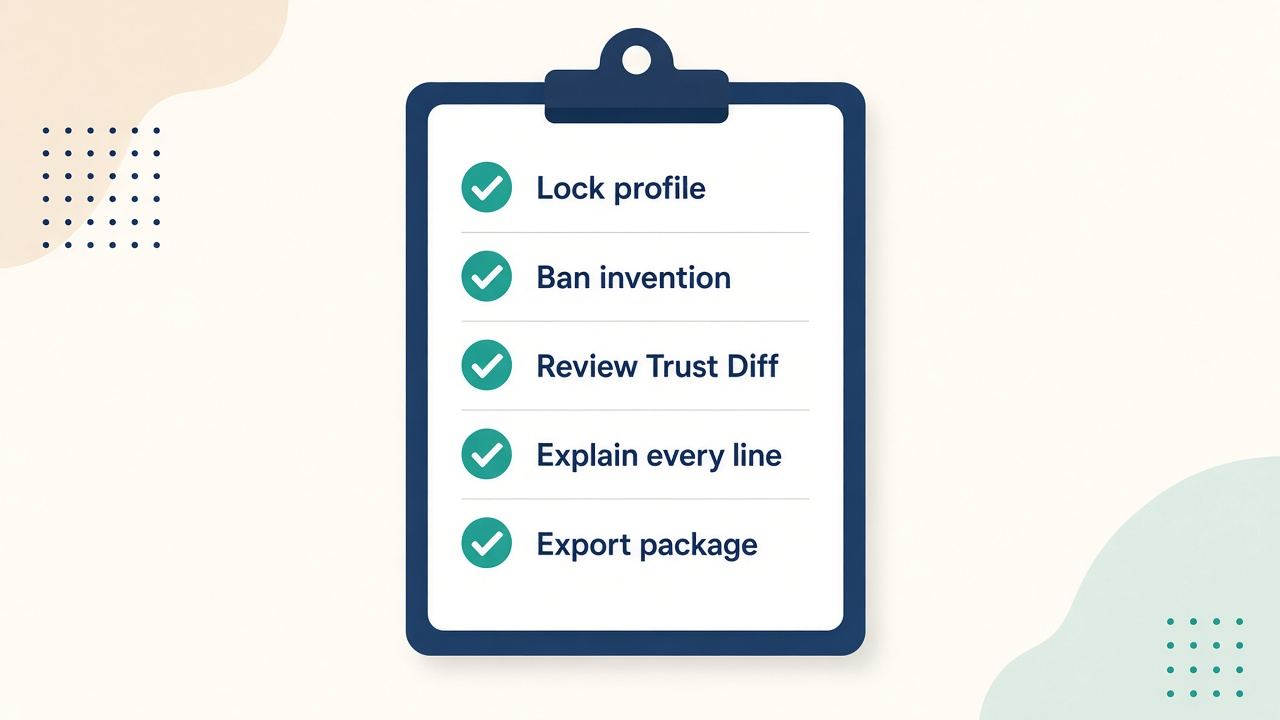 Checklist: lock profile, ban invention, review Trust Diff, explain every line, export