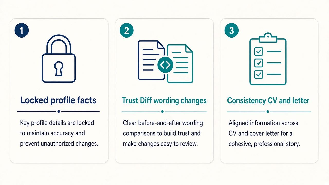 Three guards: locked profile facts, Trust Diff of wording changes, consistency between CV and letter