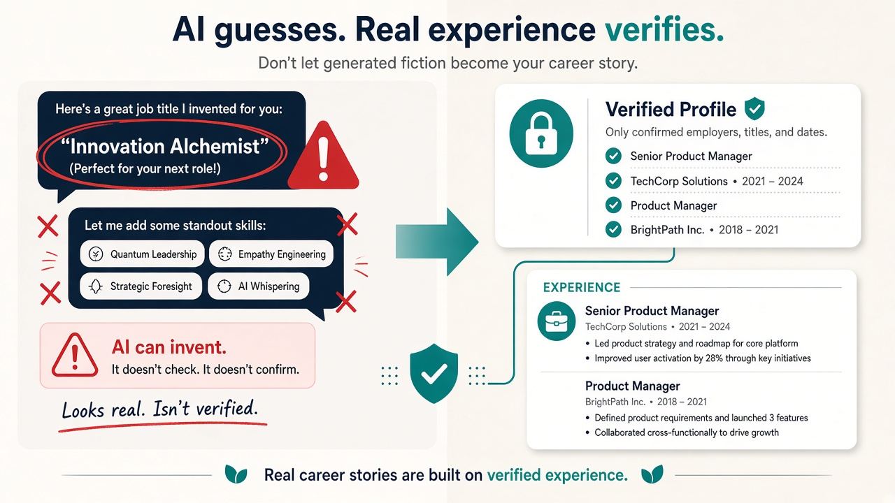 Generic AI inventing skills versus a profile-locked resume builder that only reframes saved facts