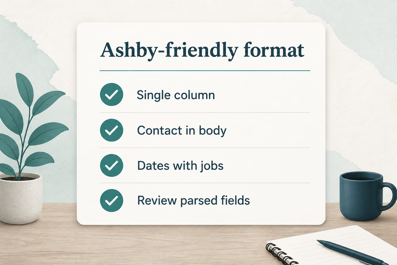 Ashby-friendly checklist: single column, contact in body, dates with jobs, review parsed fields