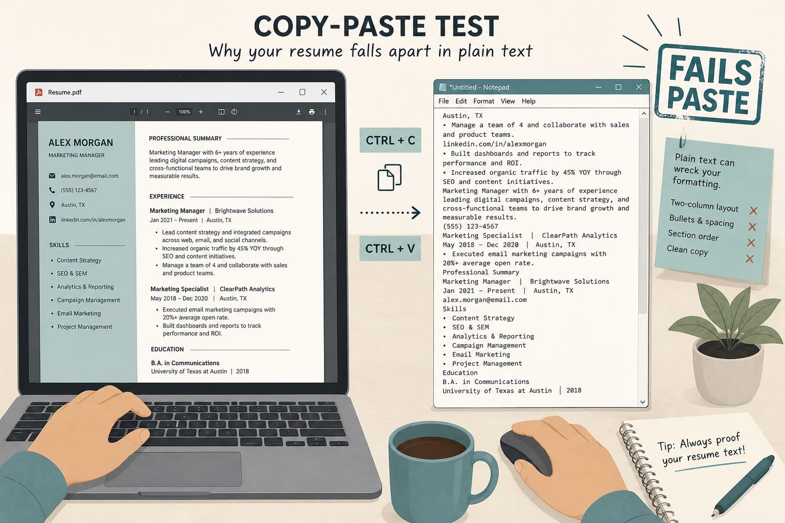 Copy-paste of a two-column resume turning into jumbled Ashby fields