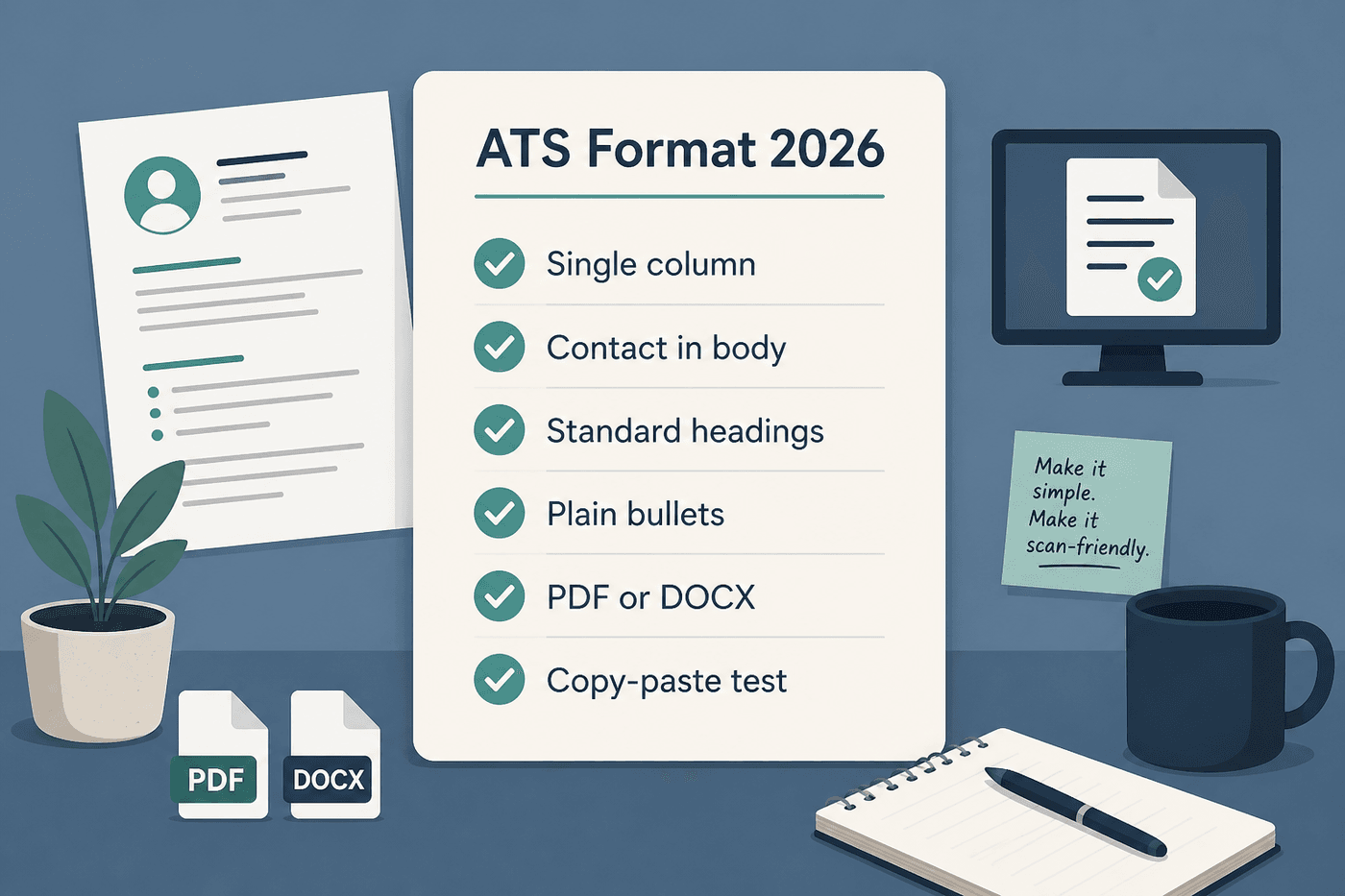ATS format 2026 checklist card with single column contact headings bullets and copy-paste test