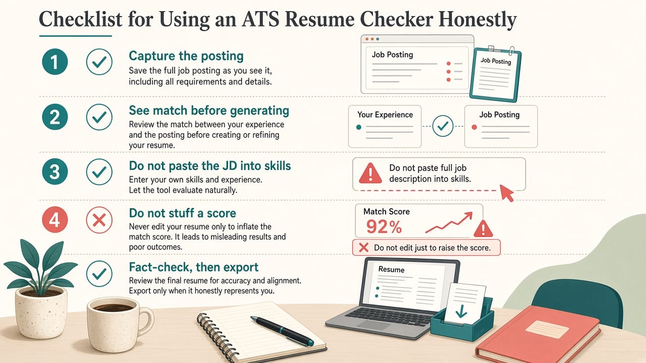 Checklist: capture posting, match first, no JD paste, fact-check, export