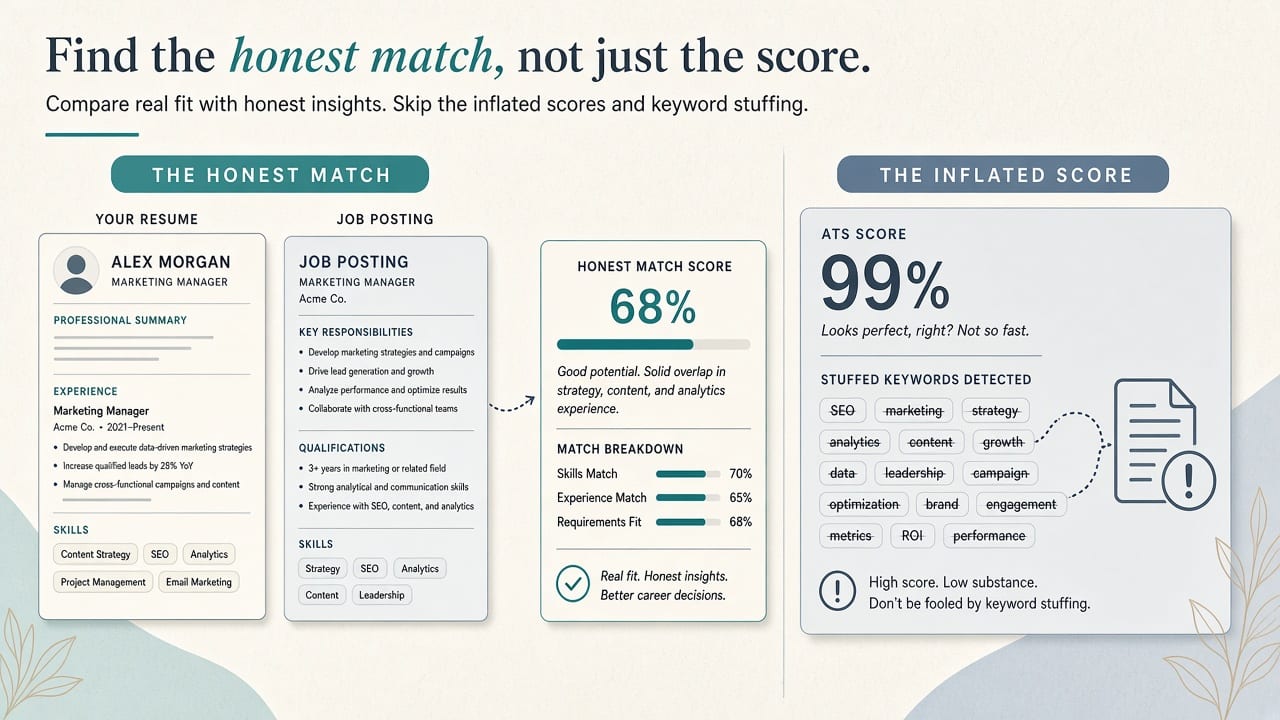 Honest resume-to-job match versus a stuffed 99 percent ATS score