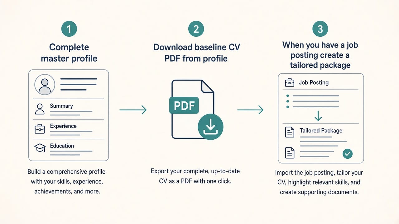 Flow: complete master profile, download baseline PDF, create a tailored package when you have a posting