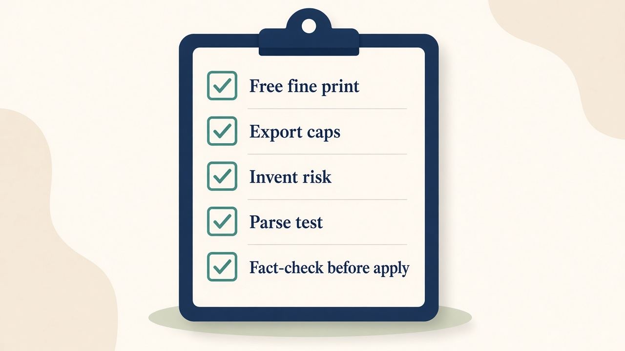 Checklist: free fine print, invent risk, parse test, fact-check before apply