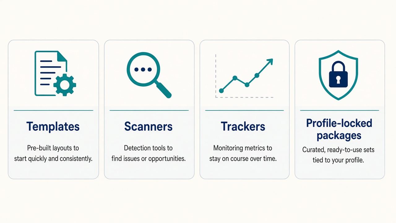 Four free tool categories: templates scanners trackers profile-locked packages