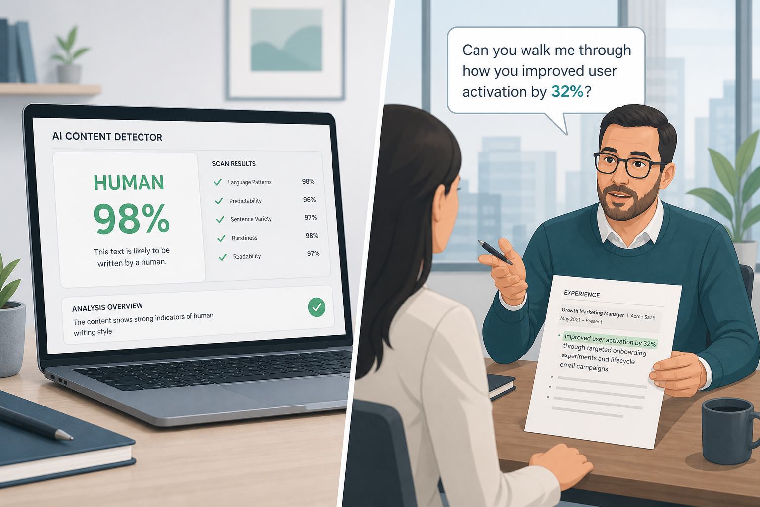 AI detector score next to a recruiter who cares about whether you can explain the bullet