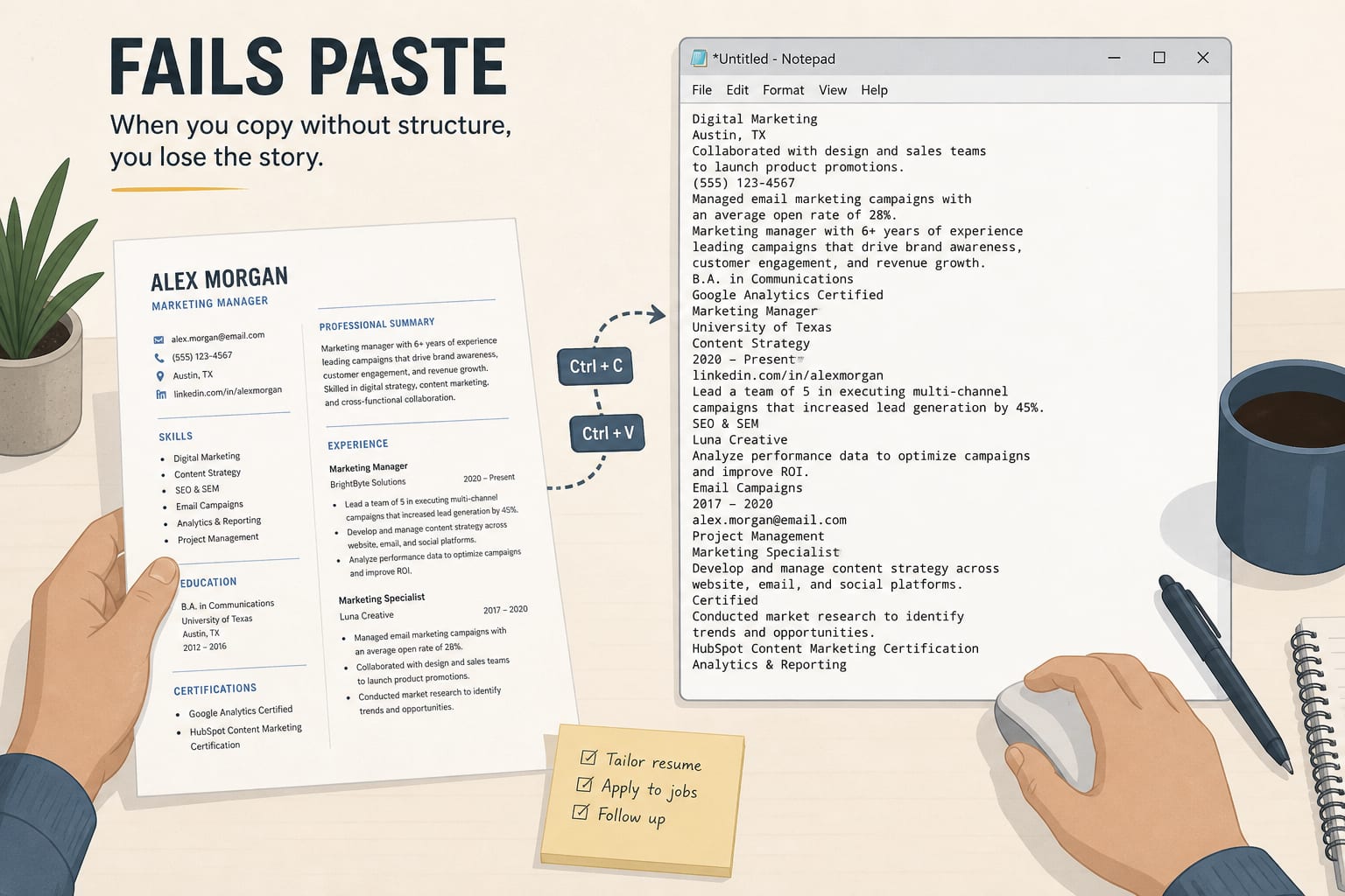 Copy-paste test on a Canva resume export showing jumbled text in Notepad