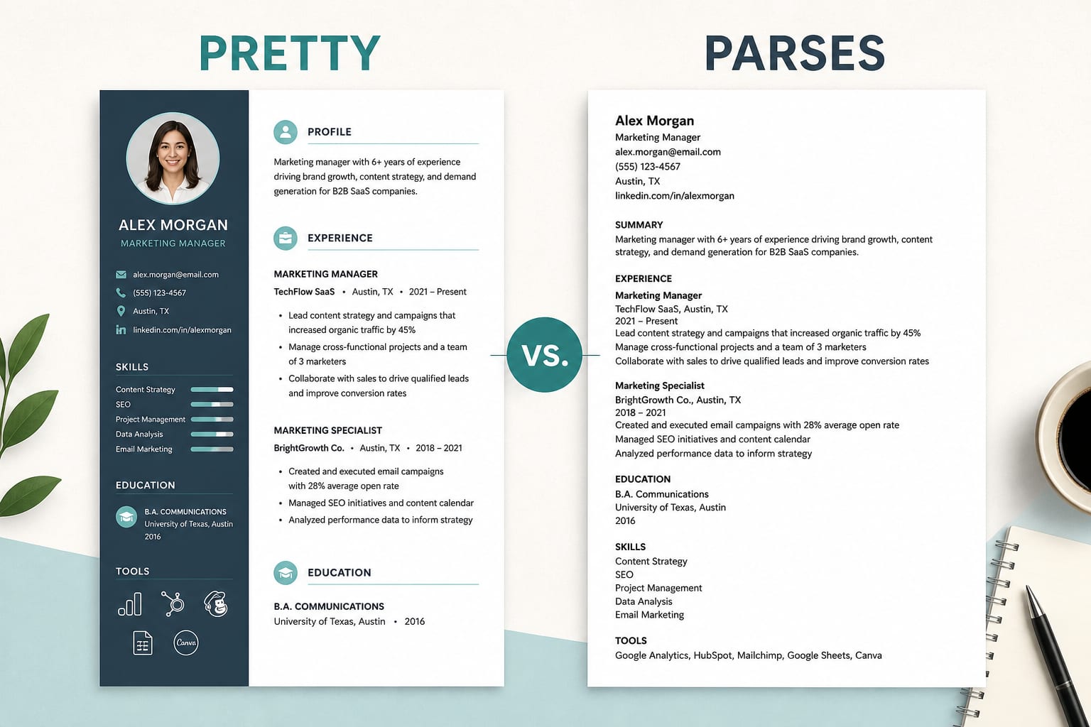 Pretty Canva resume layout failing ATS parse versus a clean single-column export