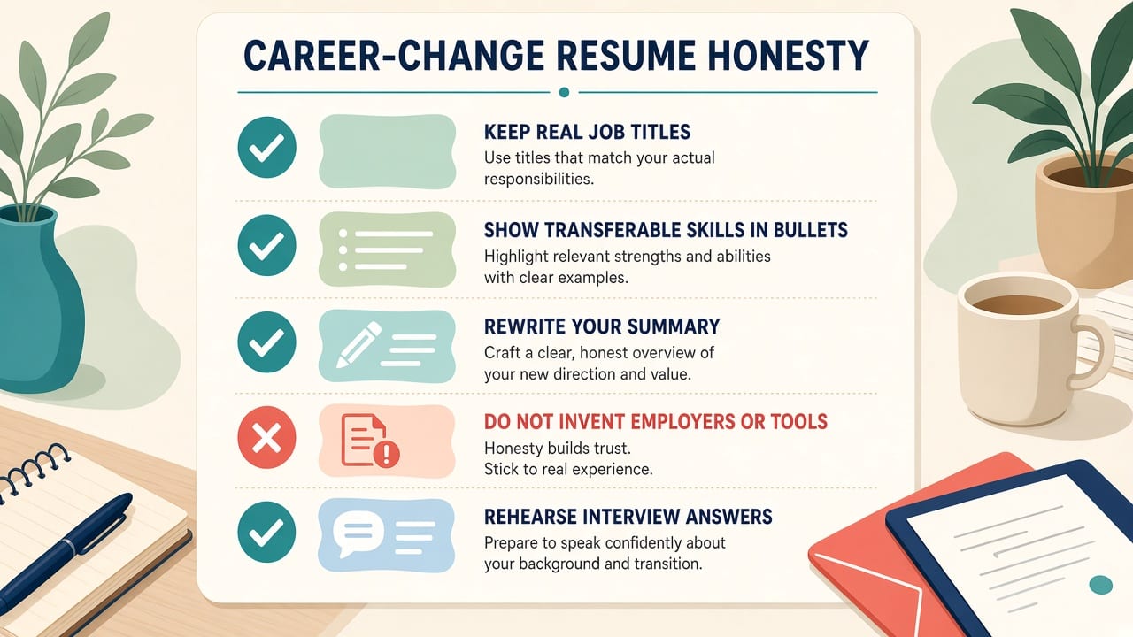 Checklist: real titles, transferable bullets, honest skills, no invented jobs