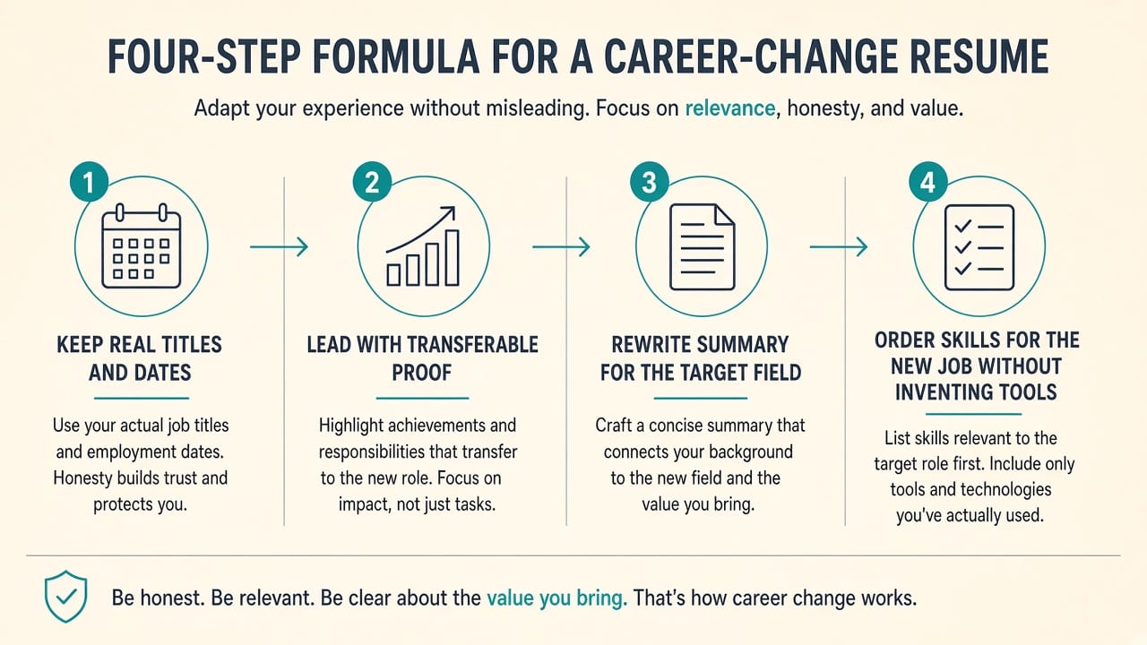 Four steps: keep real titles, lead with transfer, rewrite summary, order skills without inventing tools