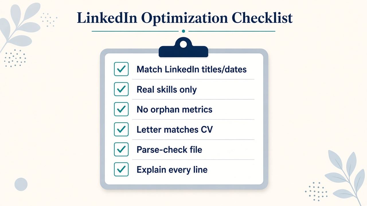 Checklist: lock facts, ban invented metrics, match LinkedIn, explain every line