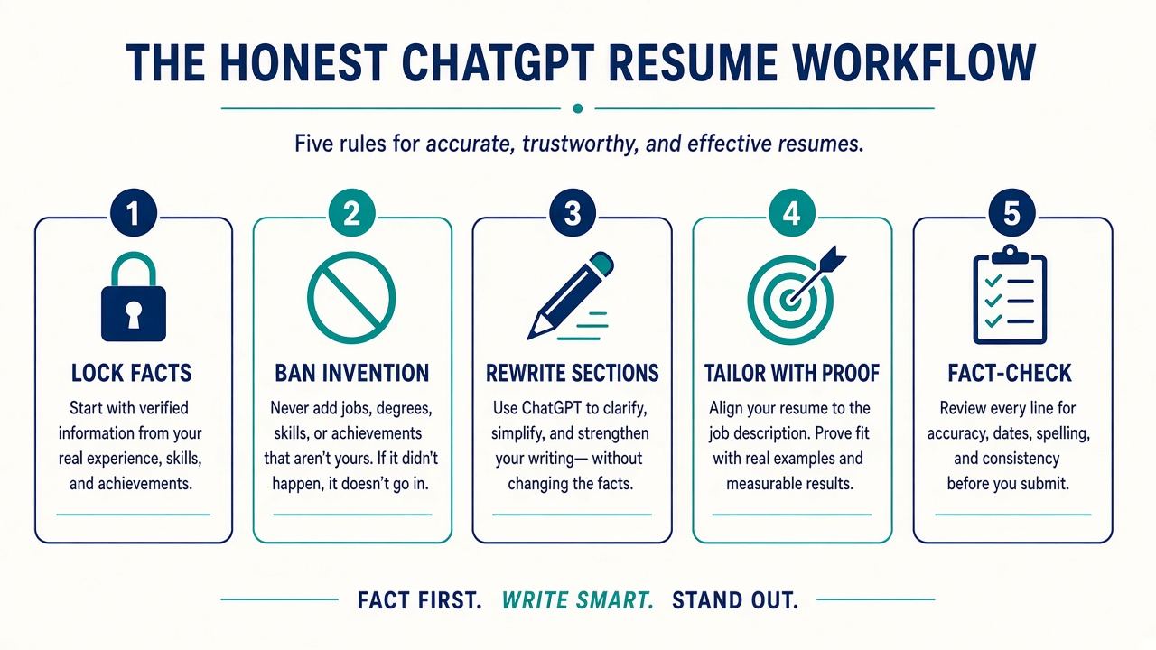 Five-step honest ChatGPT resume workflow: lock facts, ban invention, rewrite, tailor, fact-check