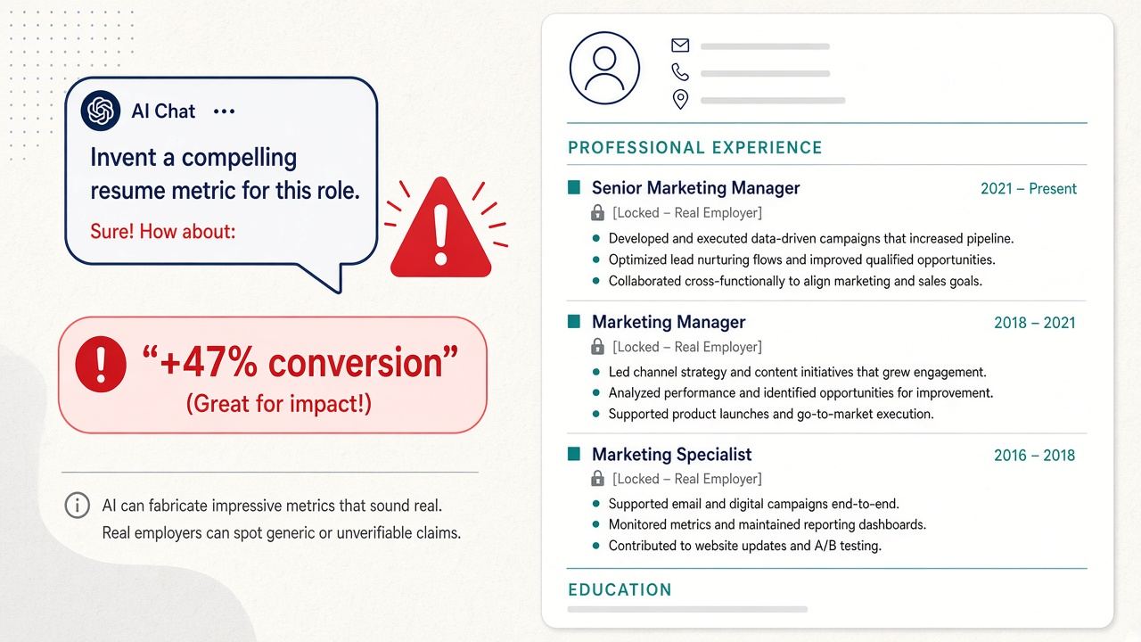 ChatGPT chat inventing a metric next to a resume locked to real employers titles and dates