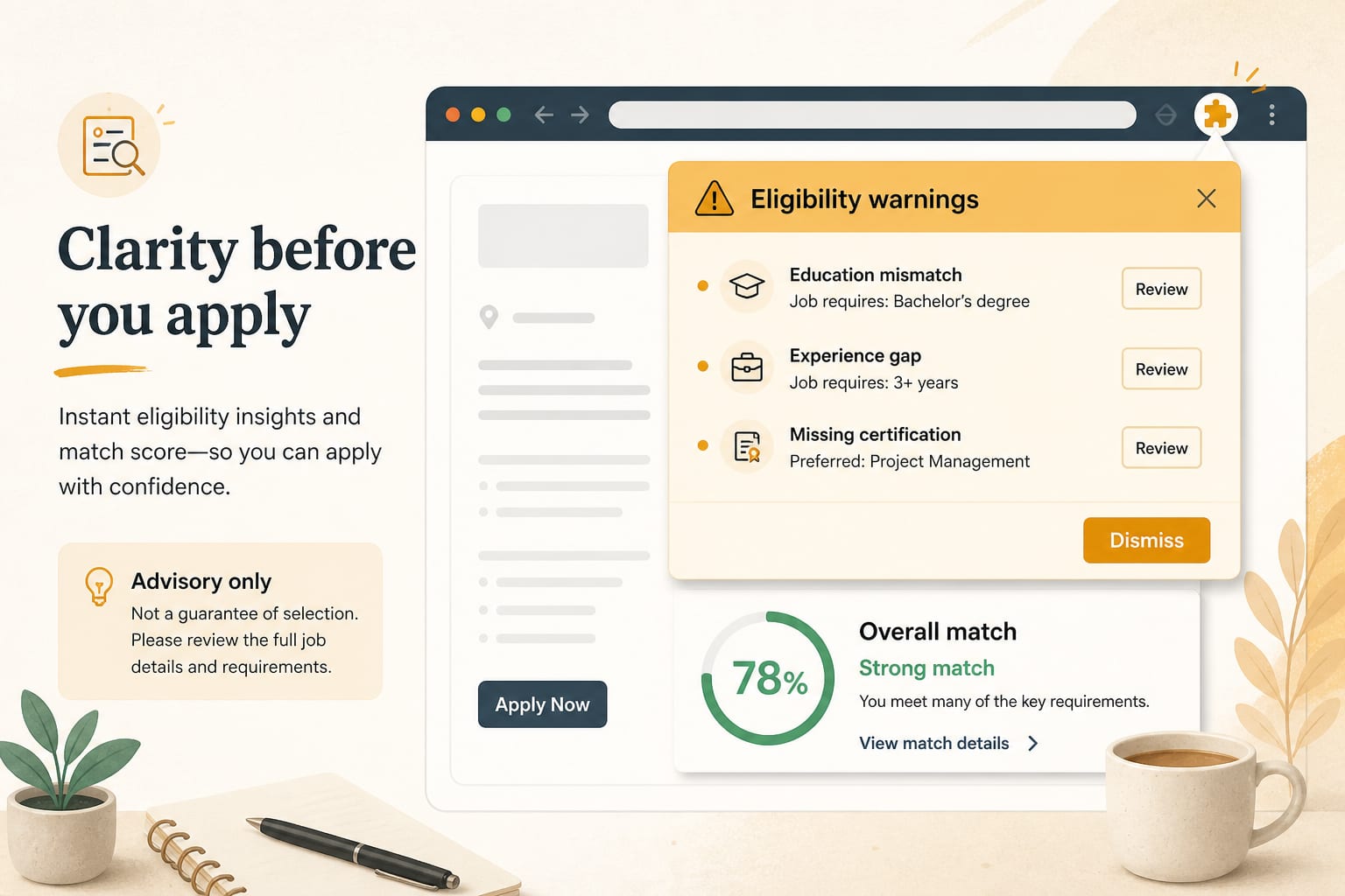 Dismissible eligibility warning panel above match score; generate still available