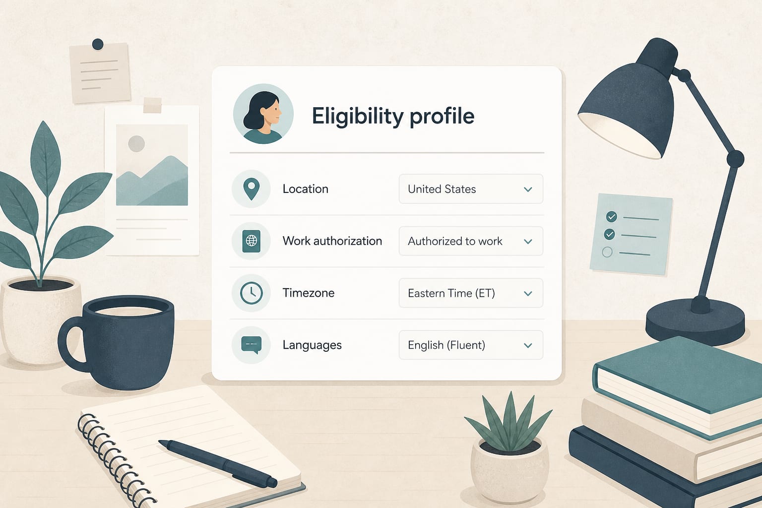 Profile eligibility fields: location, work authorization, timezone, languages