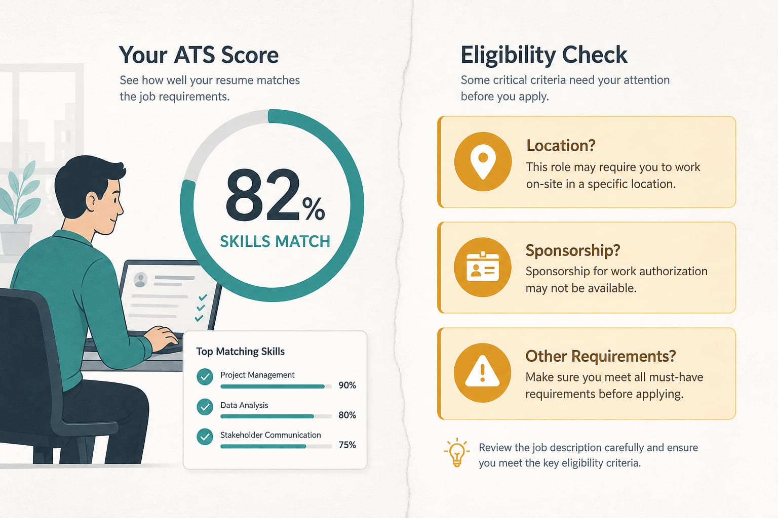 Skills match score next to separate eligibility warnings for location and work authorization