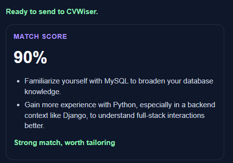 CVWiser Chrome extension match score panel showing 90% fit and gap suggestions before opening CVWiser