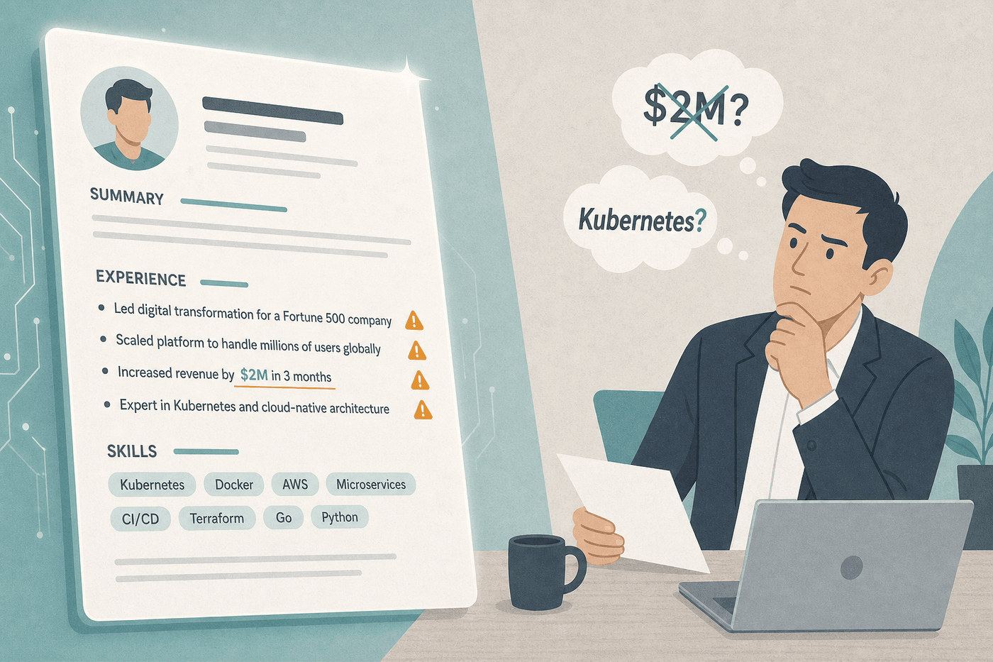 Polished AI resume with questioned metrics facing a skeptical interviewer