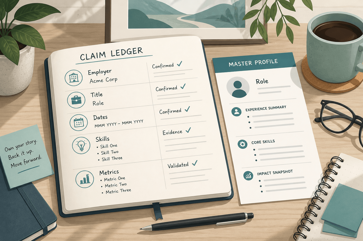 Claim ledger checklist with employer title dates skills and metrics