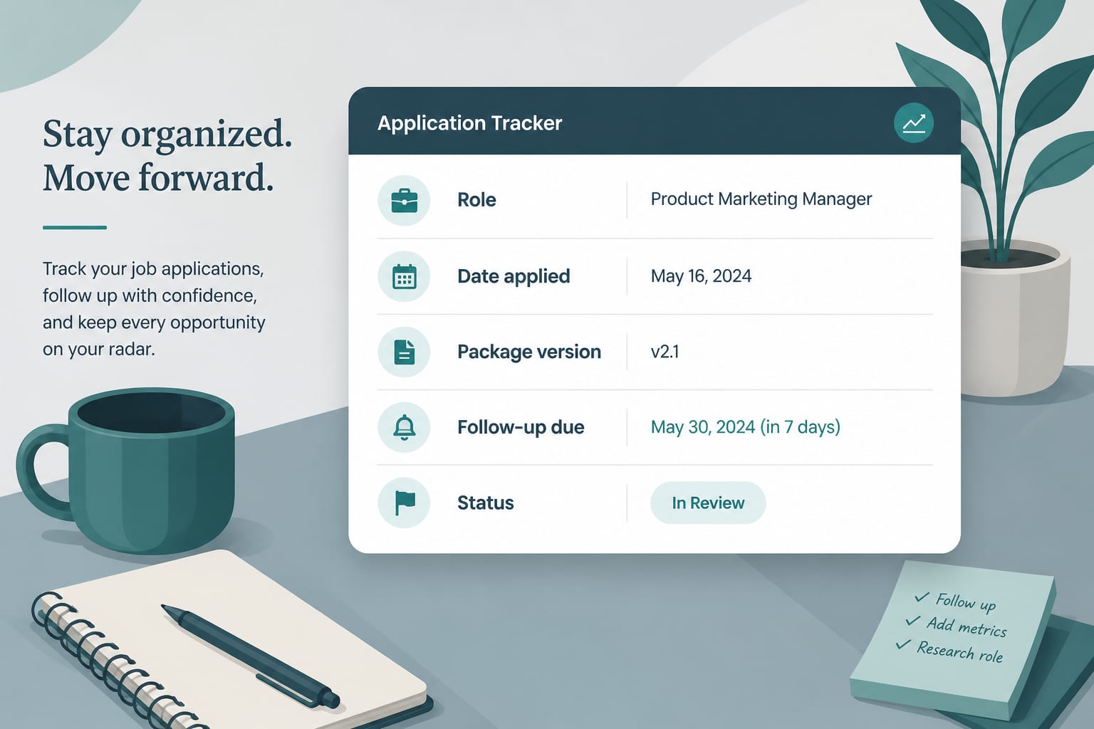 Tracker card with applied date, package version, and follow-up reminder