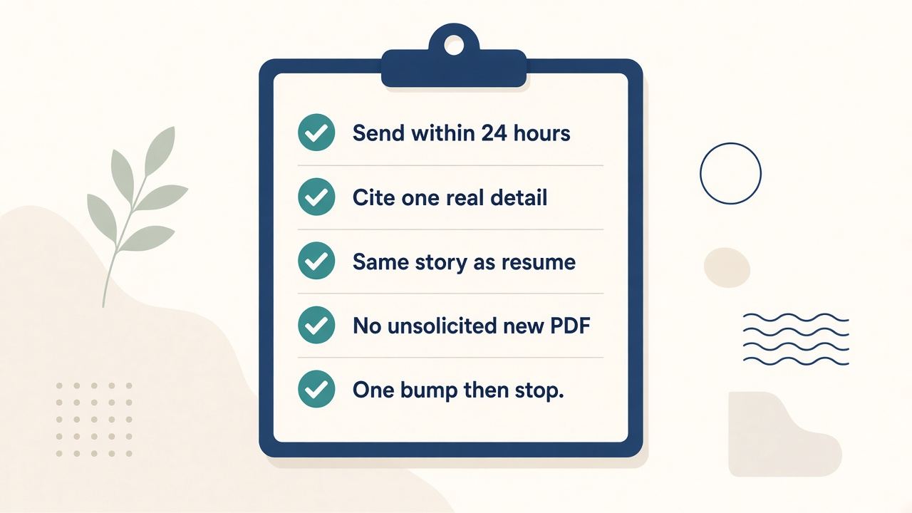 Checklist: 24-hour thank you, one real detail, same story as resume, one bump then stop