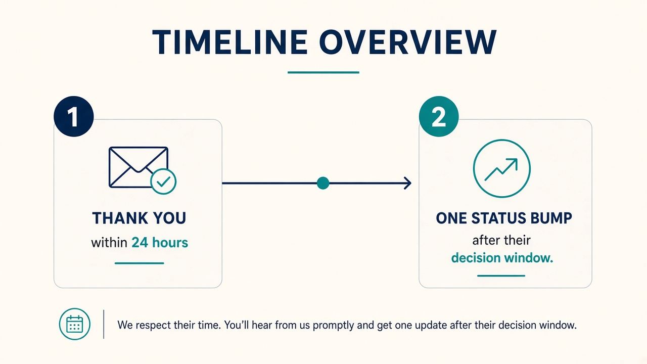 Timeline: thank you in 24 hours then one status bump after their window