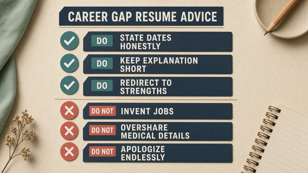 Checklist: honest dates, short explanation, no invented jobs, pivot to strengths