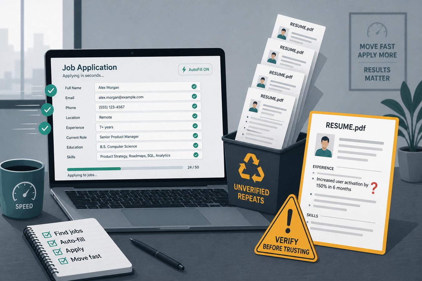 Autofill speeding up a job form while a stack of unverified resumes piles up with a questionable metric