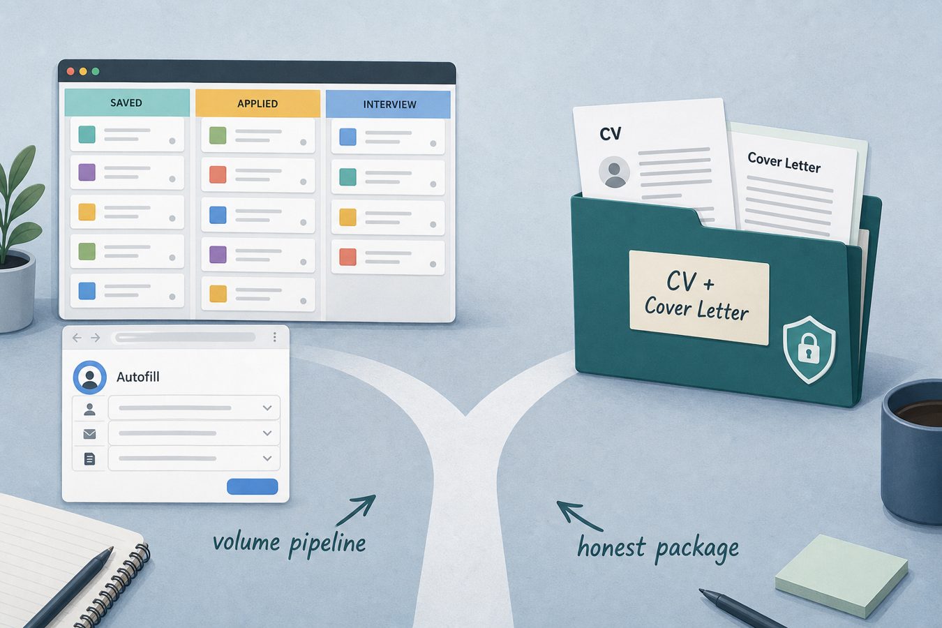 Fork between a high-volume Kanban job pipeline with autofill and a single honesty-first application package
