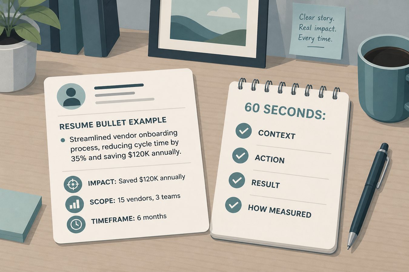 60-second explain checklist next to a resume bullet under review