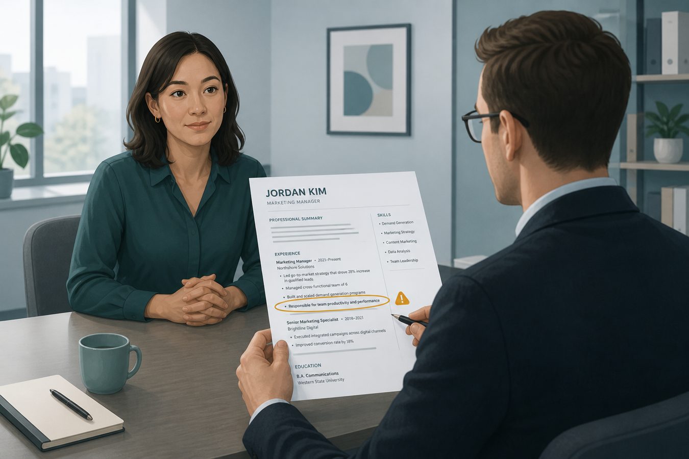 Candidate facing an interviewer while a resume bullet with a shaky metric is highlighted