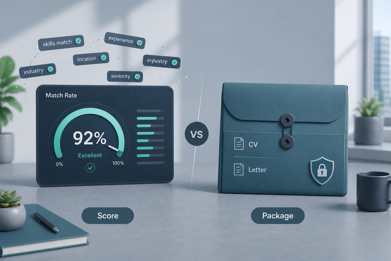 Fork between a keyword Match Rate dashboard and a profile-locked application package with Trust Diff