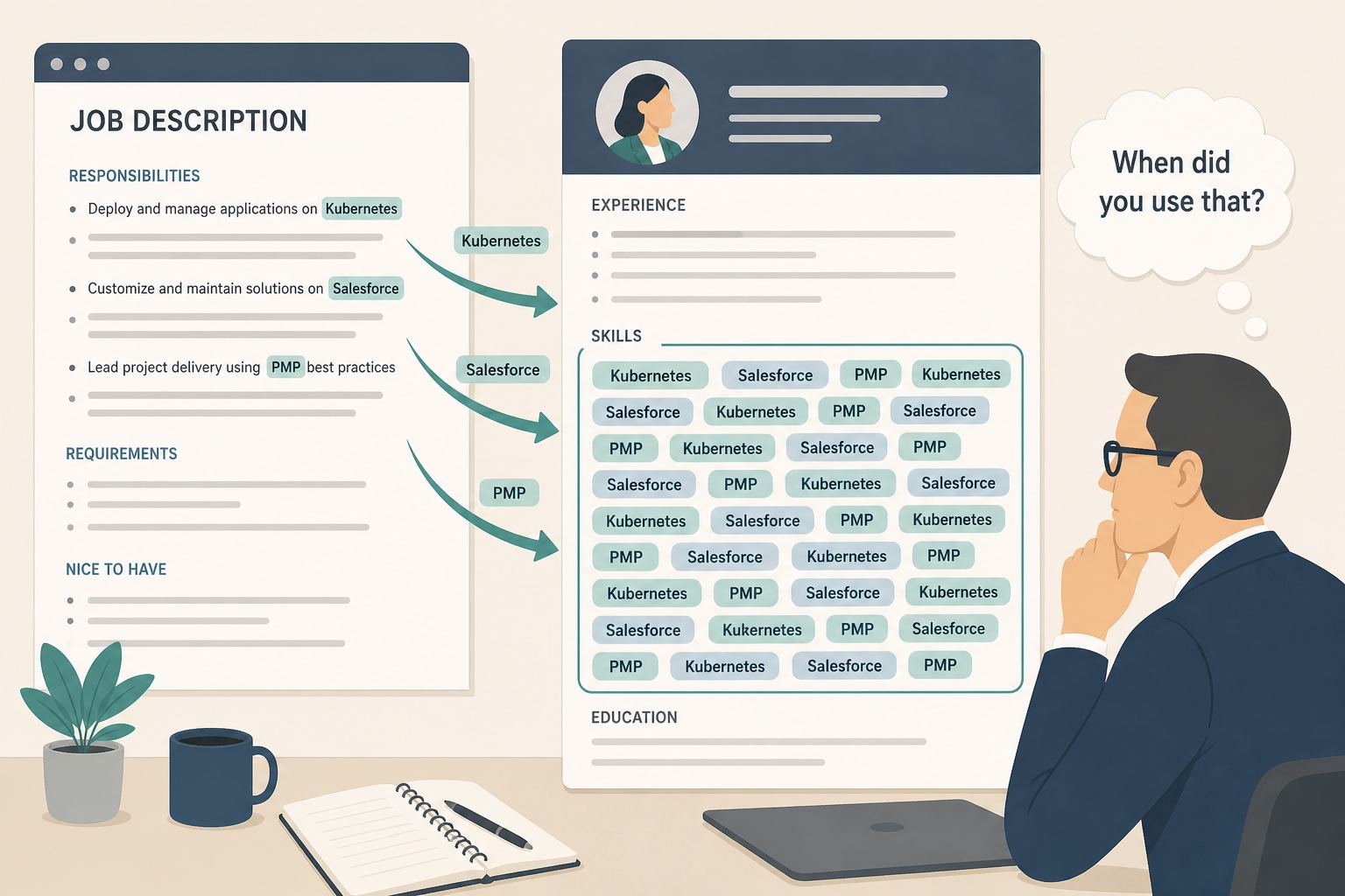 Job-description keywords dumped into a resume skills block while an interviewer asks when you used them