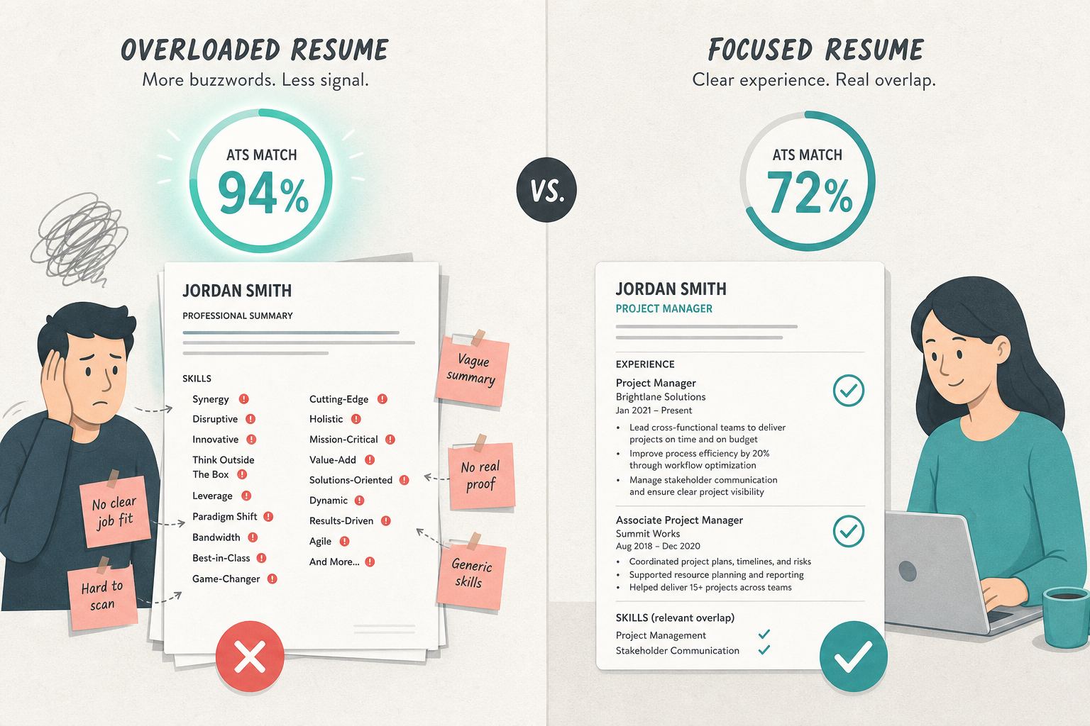 High ATS match score on a stuffed skills list versus a lower honest score on a clean resume