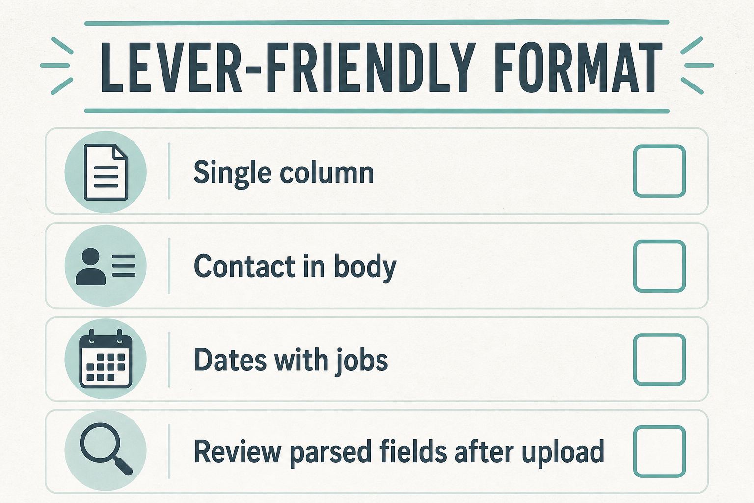 Lever-friendly checklist: single column, contact in body, dates with jobs, review parsed fields