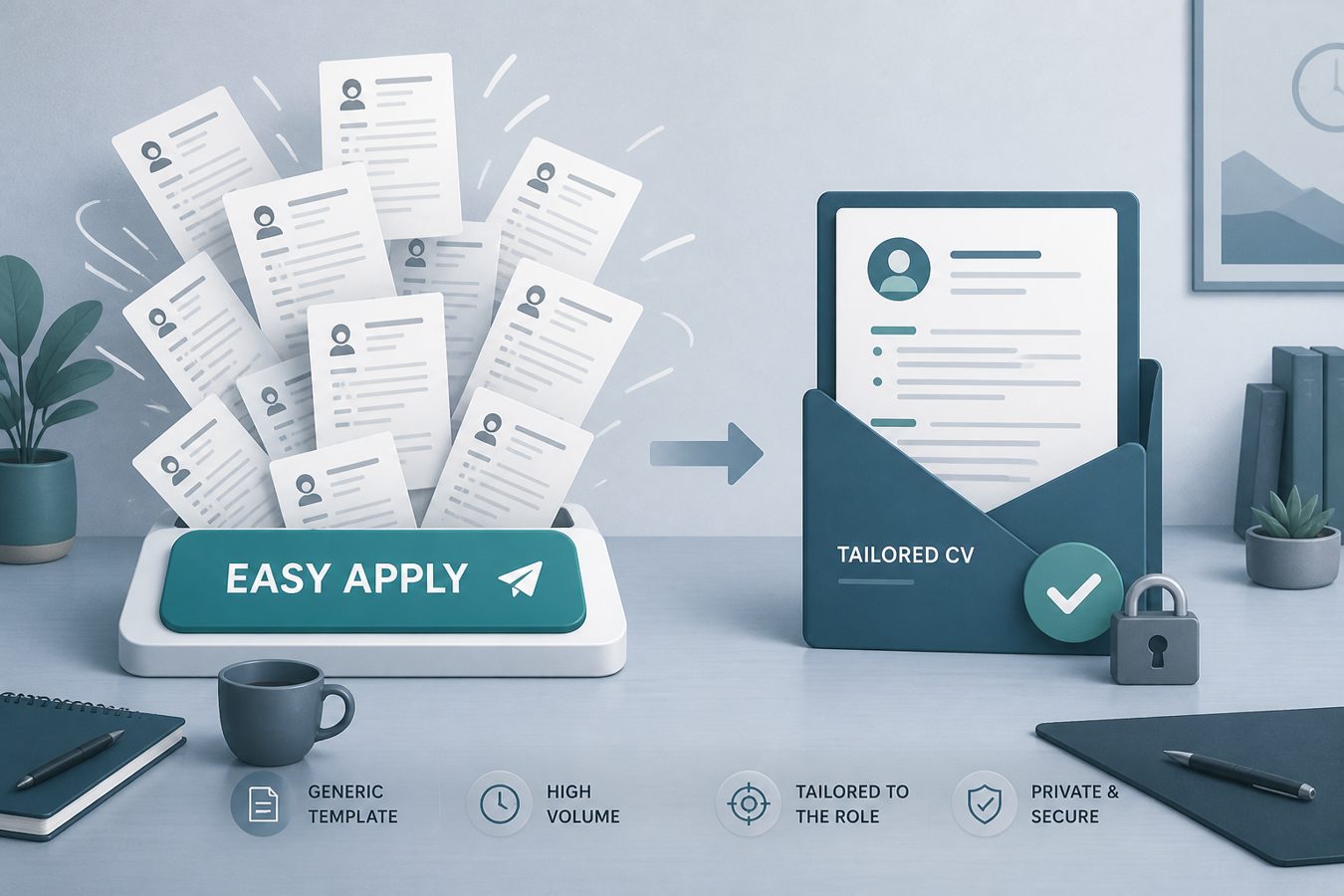 Easy Apply one-click stack of the same generic resume versus one tailored package uploaded after a match check
