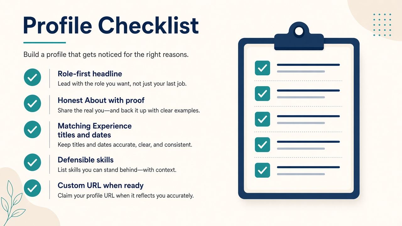 Checklist: role-first headline, honest About, matching Experience, defensible skills