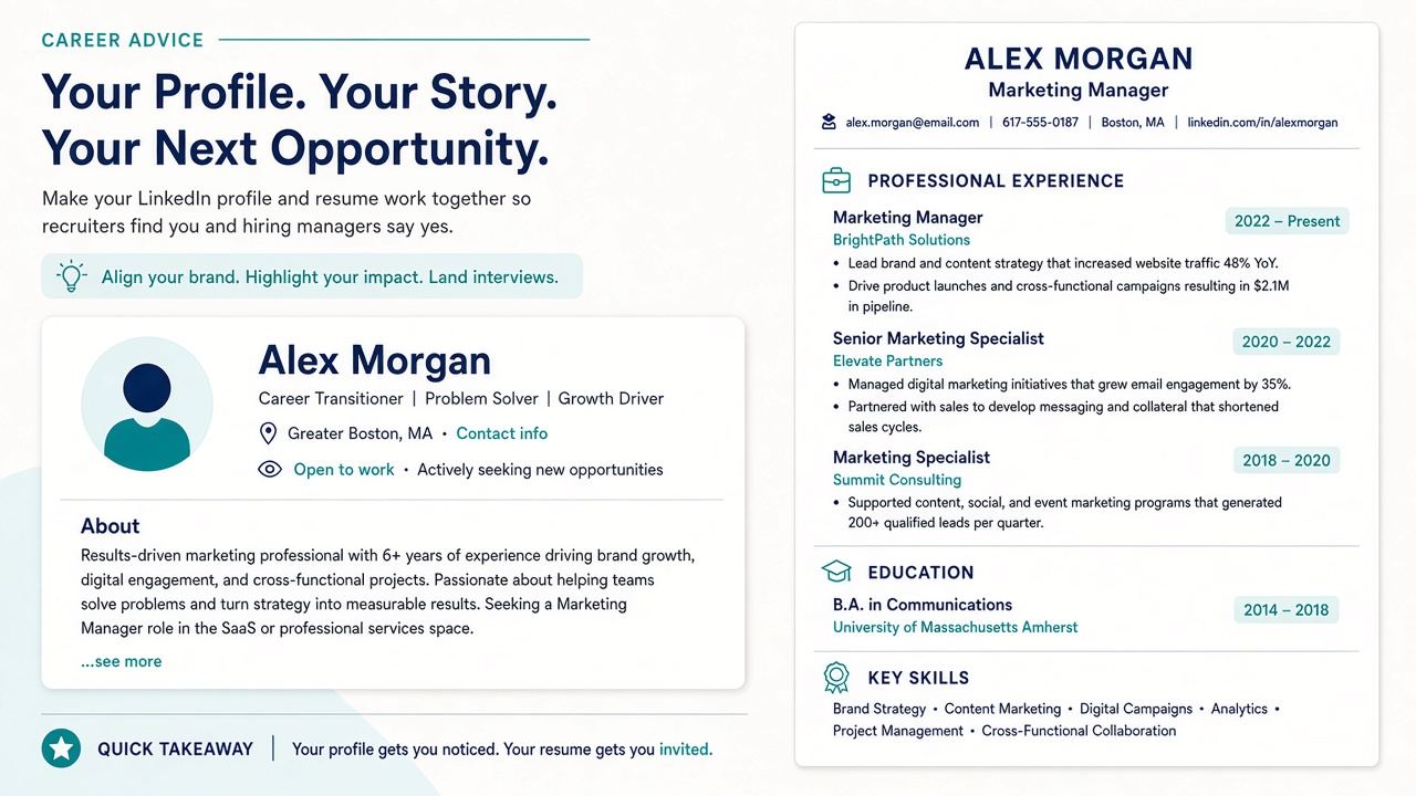 LinkedIn headline and About next to a resume with matching job titles and dates