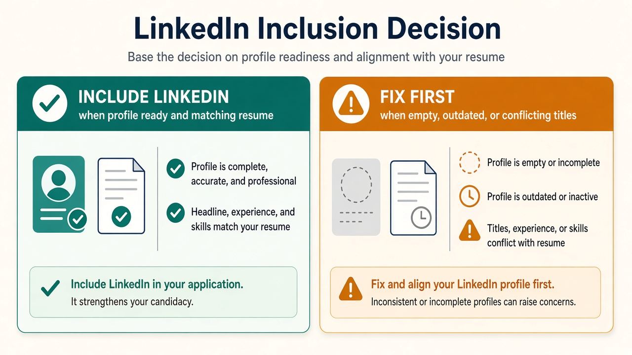 Decision: include LinkedIn if ready and matching; fix first if empty outdated or conflicting