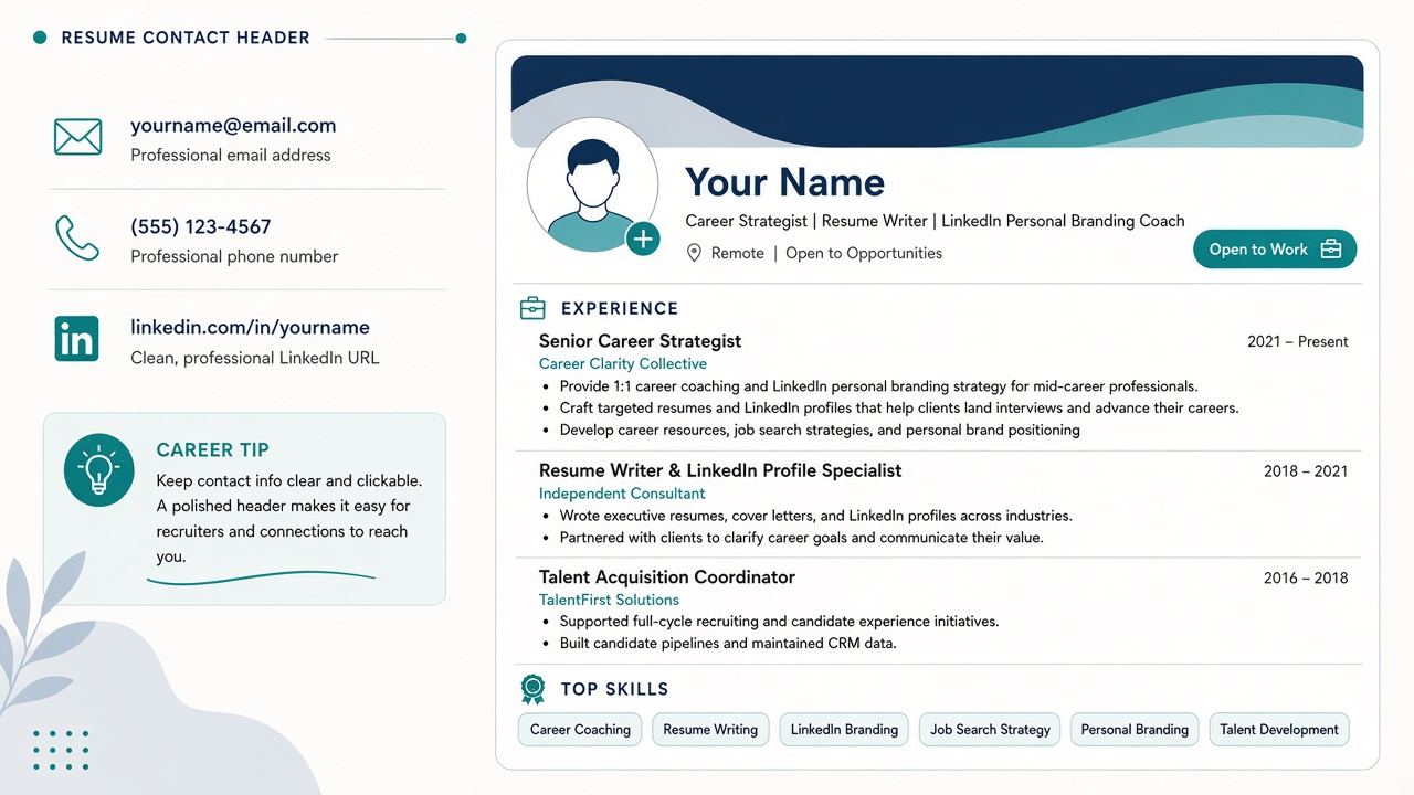 Resume header with a clean LinkedIn URL next to a complete, matching LinkedIn profile
