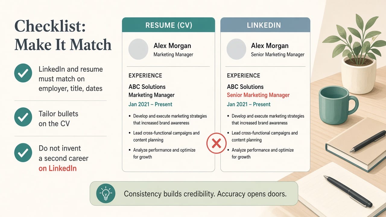 Checklist: match employers titles dates, tailor CV bullets, do not invent a second career on LinkedIn