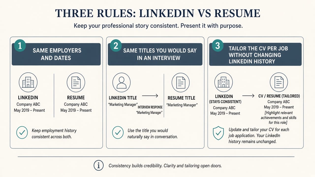 Three rules: same employers and dates, same interview titles, tailor the CV not LinkedIn history
