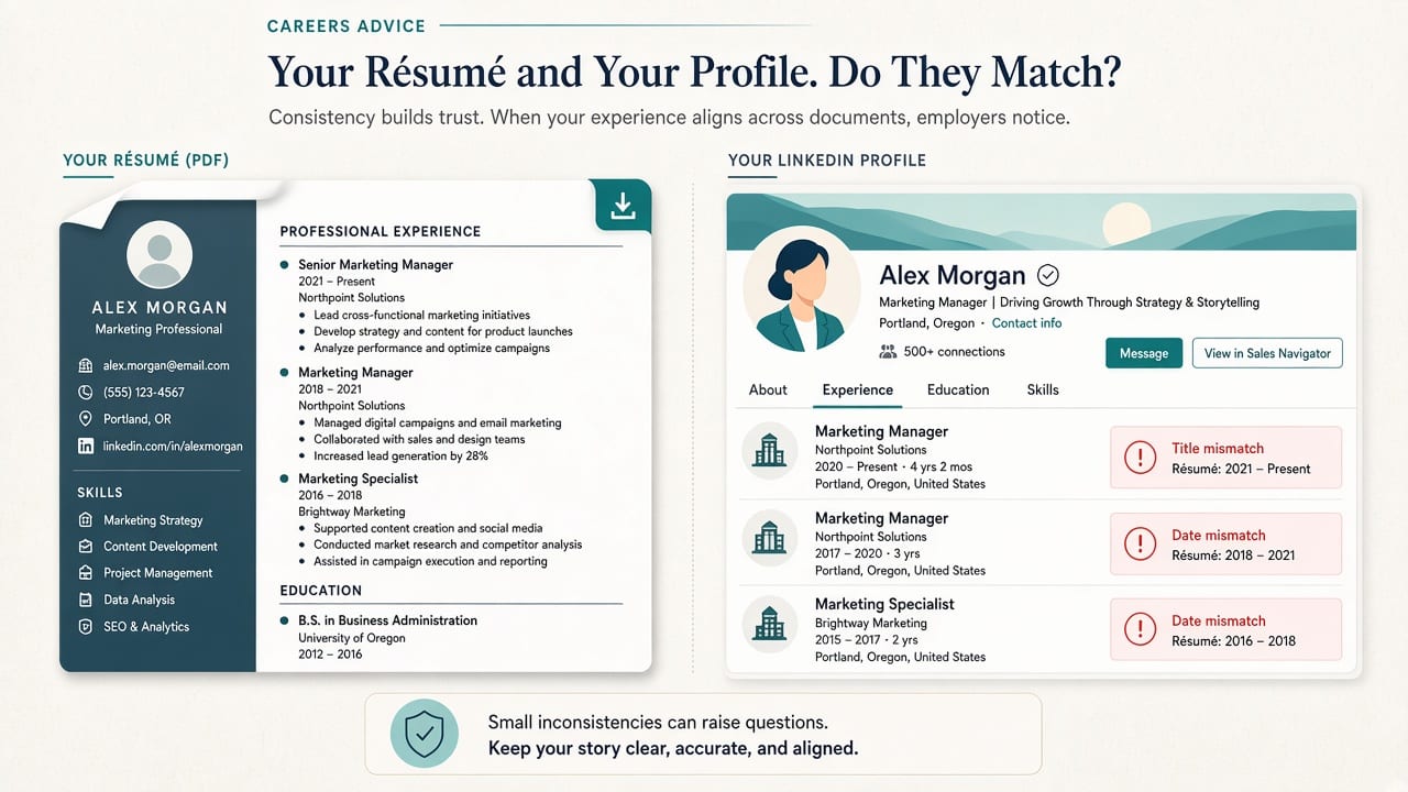 Resume PDF and LinkedIn profile with mismatched job titles and dates