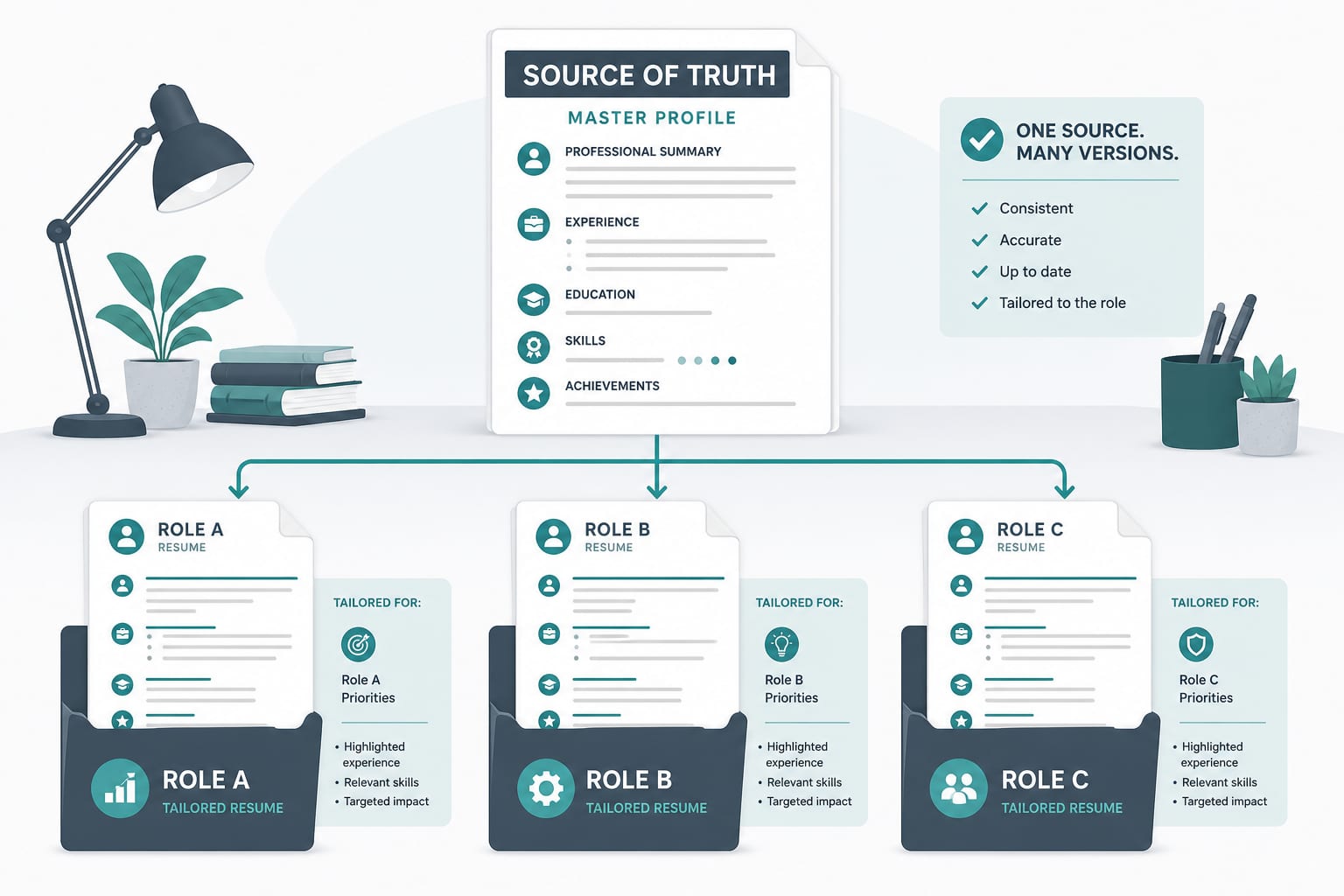 Master profile as source of truth feeding tailored application packages