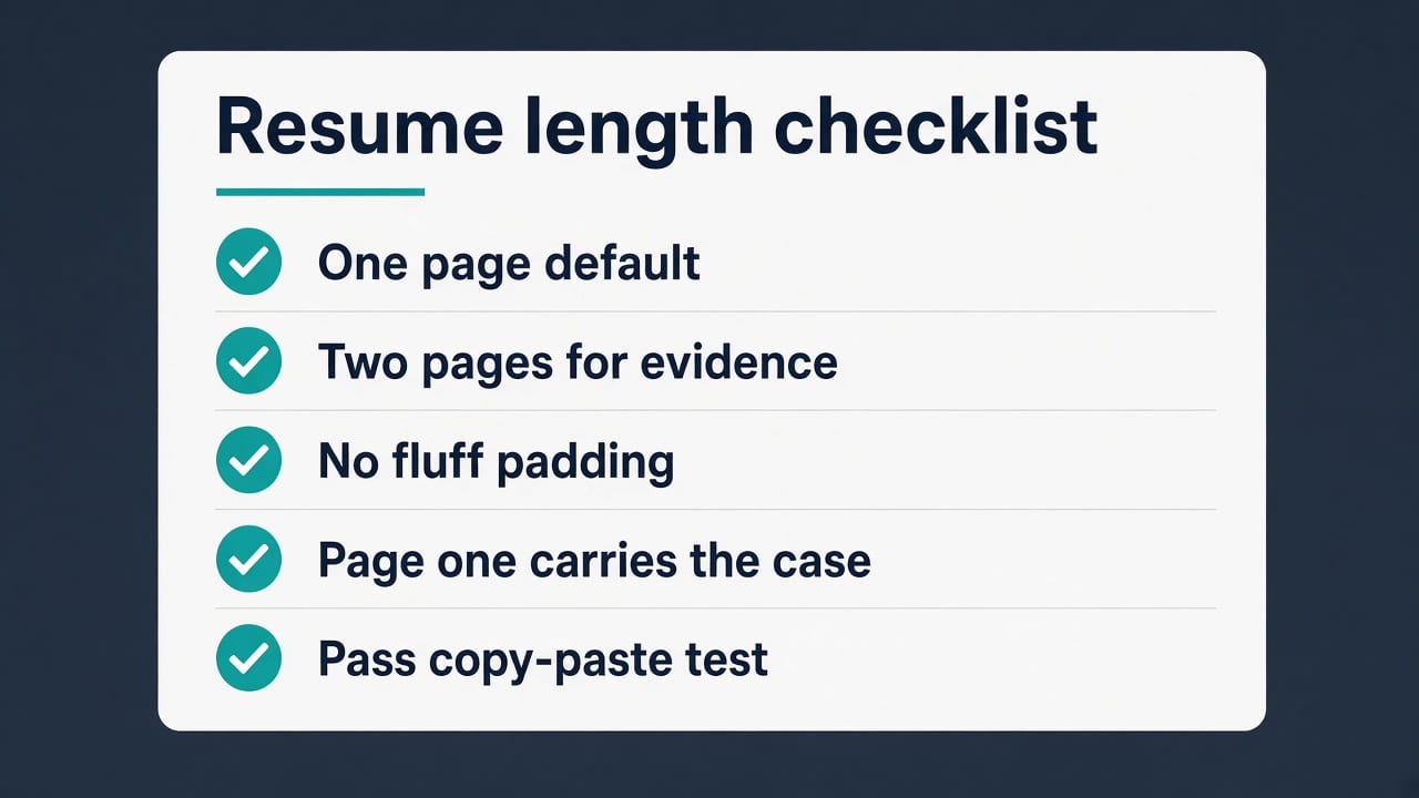 Decision checklist: one page default, two pages when evidence needs space