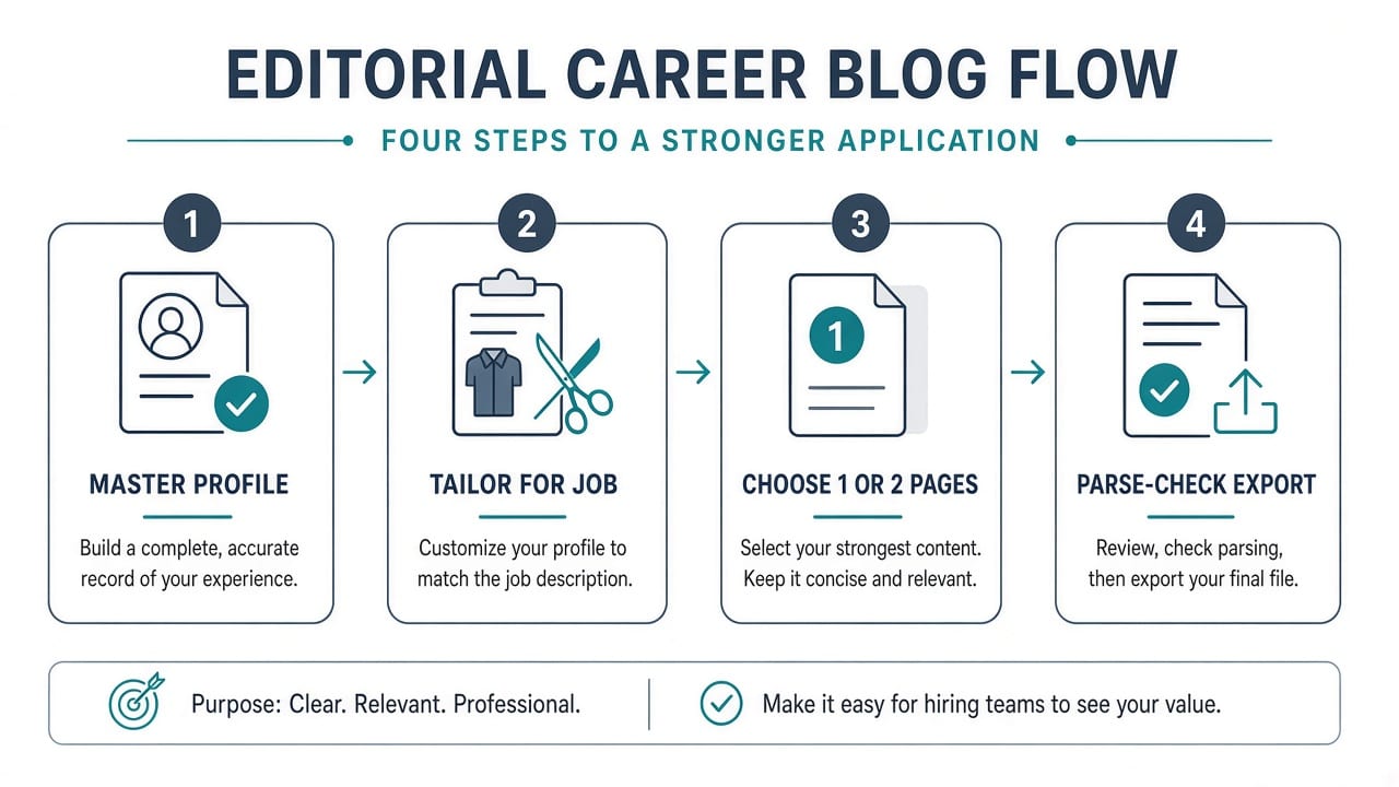 Flow: master profile to tailor to choose length to parse-check