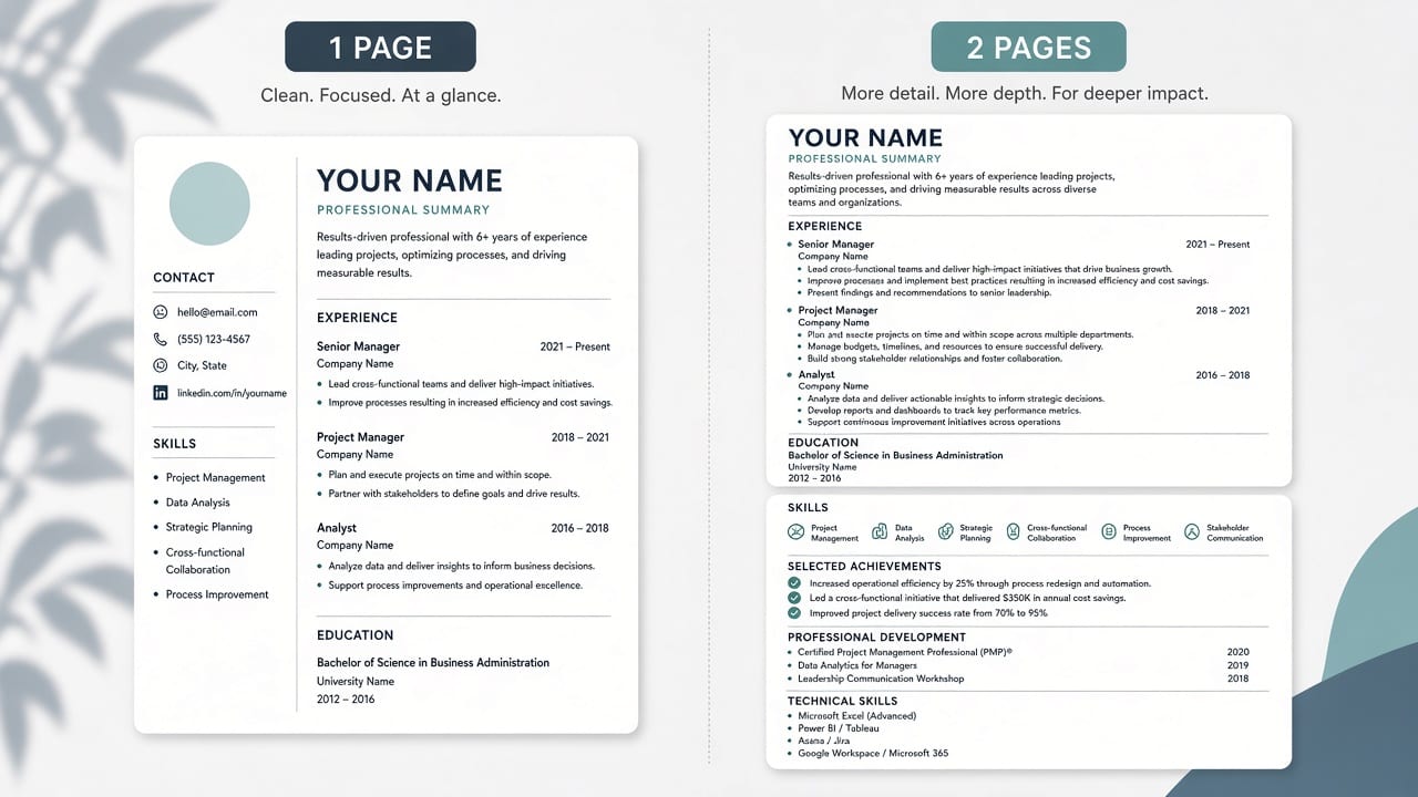 One-page resume versus two-page resume comparison for job applications
