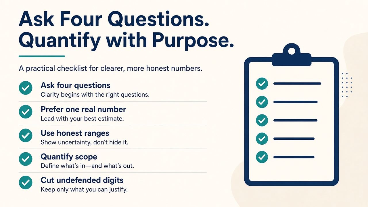 Checklist: four questions, honest ranges, cut orphan percentages, 60-second test